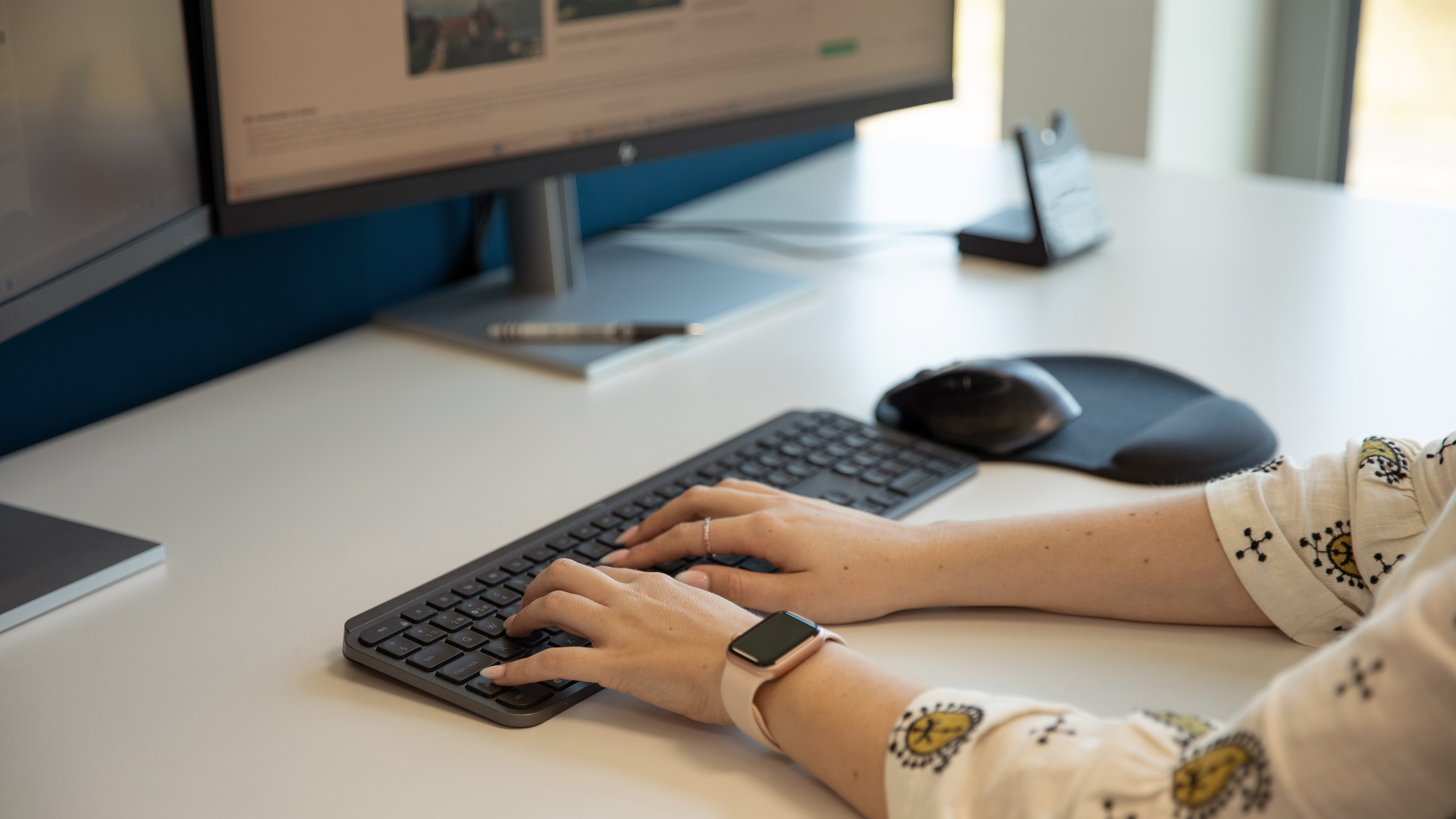 Mitarbeiterin sitzt am Schreibtisch, arbeitet mit zwei Bildschirmen und tippt auf der Tastatur.