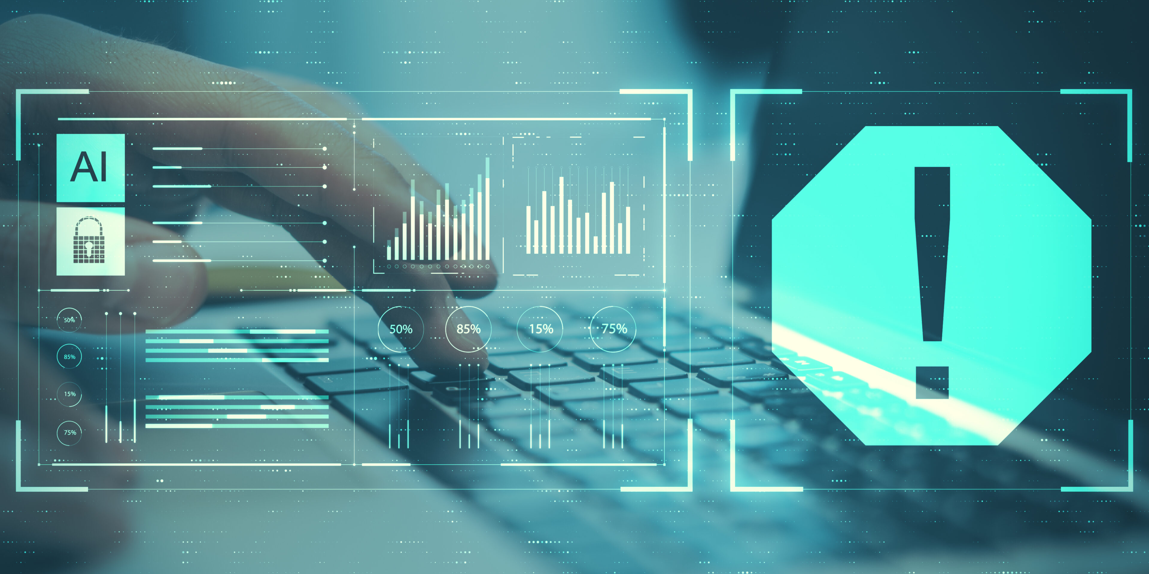 Illustration eines Displays mit Messdaten und Warn- wie Sicherheitssymbolen. m Hintergrund sieht man die Hand einer Person auf einer Laptop-Tastatur.