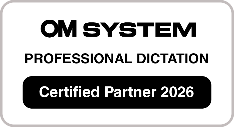 Logo d'OM SYSTEM avec le texte « Professional Dictation – Certified Partner 2025 »