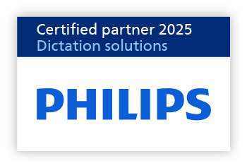Logo de Philips avec le texte « Certified Partner 2025 – Dictation Solutions »